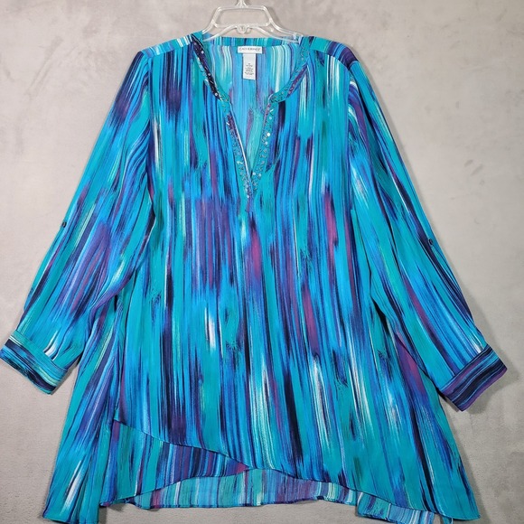 Catherines Tops - Catherines Top Women 1X Blue Striped Embellished Asymmetrical Hem Maximal Artsy